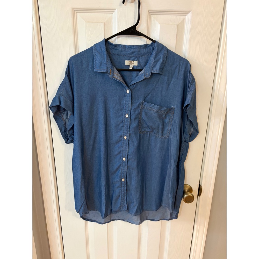 True Craft Button Down Shirt Womens XL Blue Tencel Short Sleeve Chambray Top